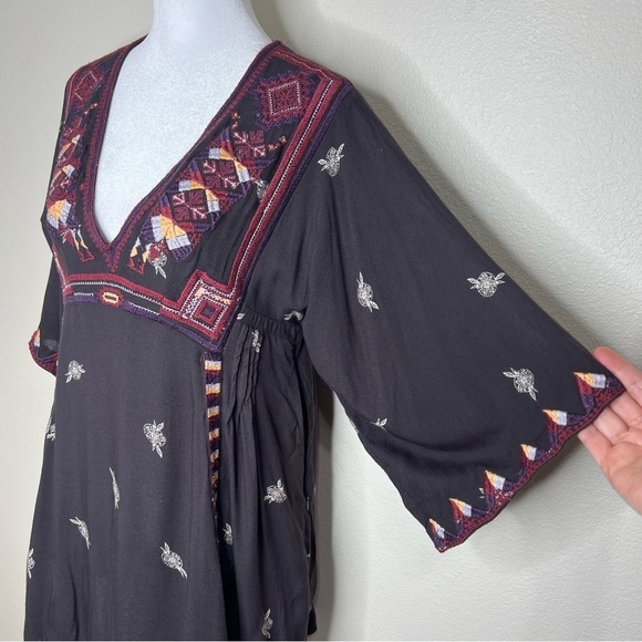 Free People Tulum Embroidered Aztec Boho V-Neck Kimono Sleeve Mini Dress XS - Picture 7 of 13